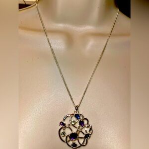 EUC Silver Tone Necklace with Purple and Blue Faux Stones, 11.5"